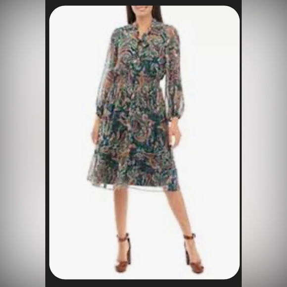 NWT Sandra Darren Women's Long Sleeve Paisley Tie Neck Chiffon Dress - Picture 2 of 3